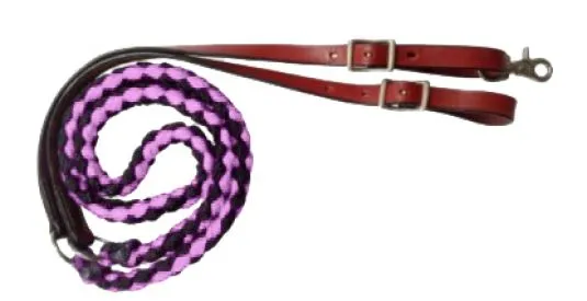 19630 - 8ft Nylon braided contest reins with leather ends (PINK)