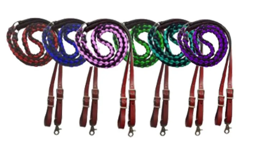 19630 - 8ft Nylon braided contest reins with leather ends (RED)