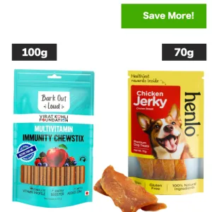Bark Out Loud Immunity Multi Vitamin Chew Stix and Henlo Chicken Jerky Treat Combo for Dogs