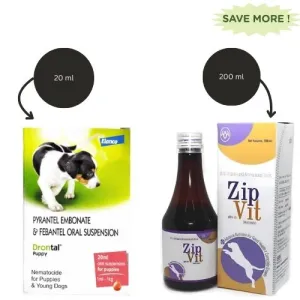 Bayer Drontal Puppy Deworming Suspension 20ml and Intas Zipvit Multi Vitamin Supplement for Dogs and Cats  (200ml) Combo