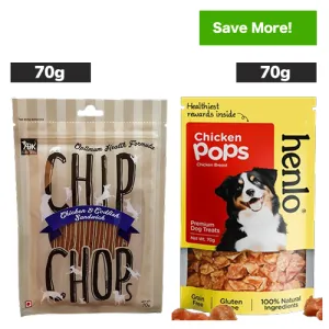 Chip Chops Chicken and Codfish Sandwich and Henlo Chicken Pops Dog Treats Combo