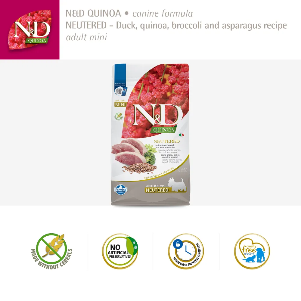 Farmina N&D Neutered Quinoa Duck, Broccoli & Asparagus Adult Mini Dog Dry Food (Limited Shelf Life)
