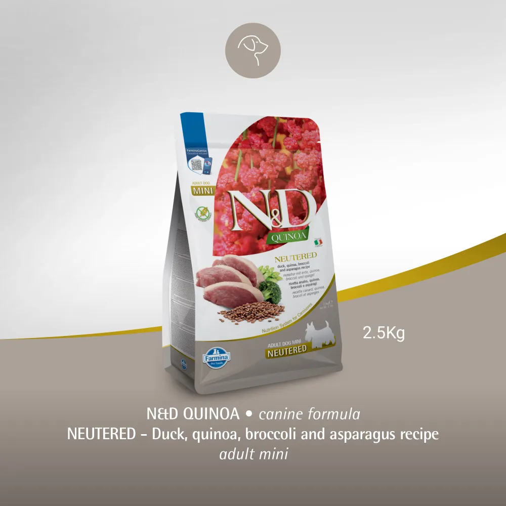 Farmina N&D Neutered Quinoa Duck, Broccoli & Asparagus Adult Mini Dog Dry Food (Limited Shelf Life)