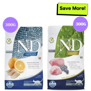 Farmina N&D Prime Lamb & Blueberry and Ocean Herring & Orange Grain Free Adult Cat Dry Food Combo