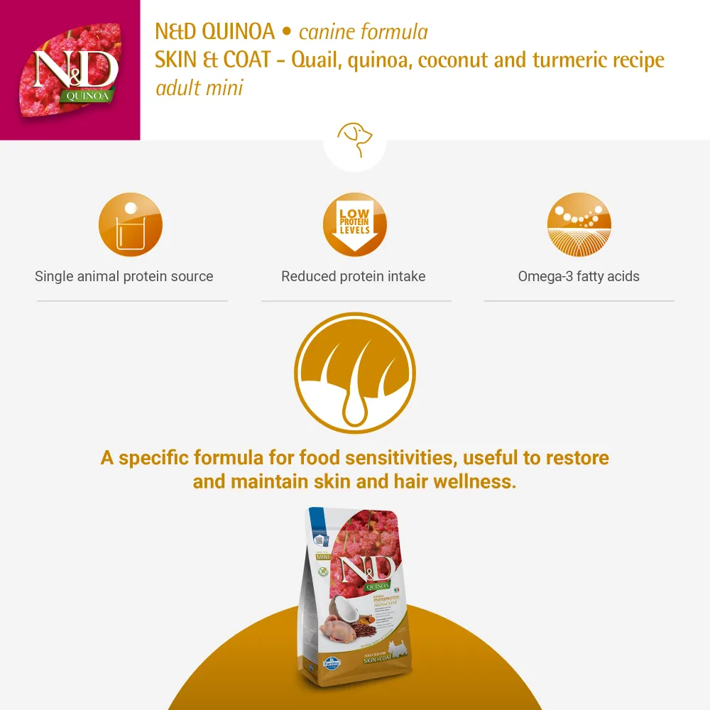 Farmina N&D Quinoa Quail Coconut & Turmeric Skin & Coat Adult Mini Dog Dry Food (Limited Shelf Life)