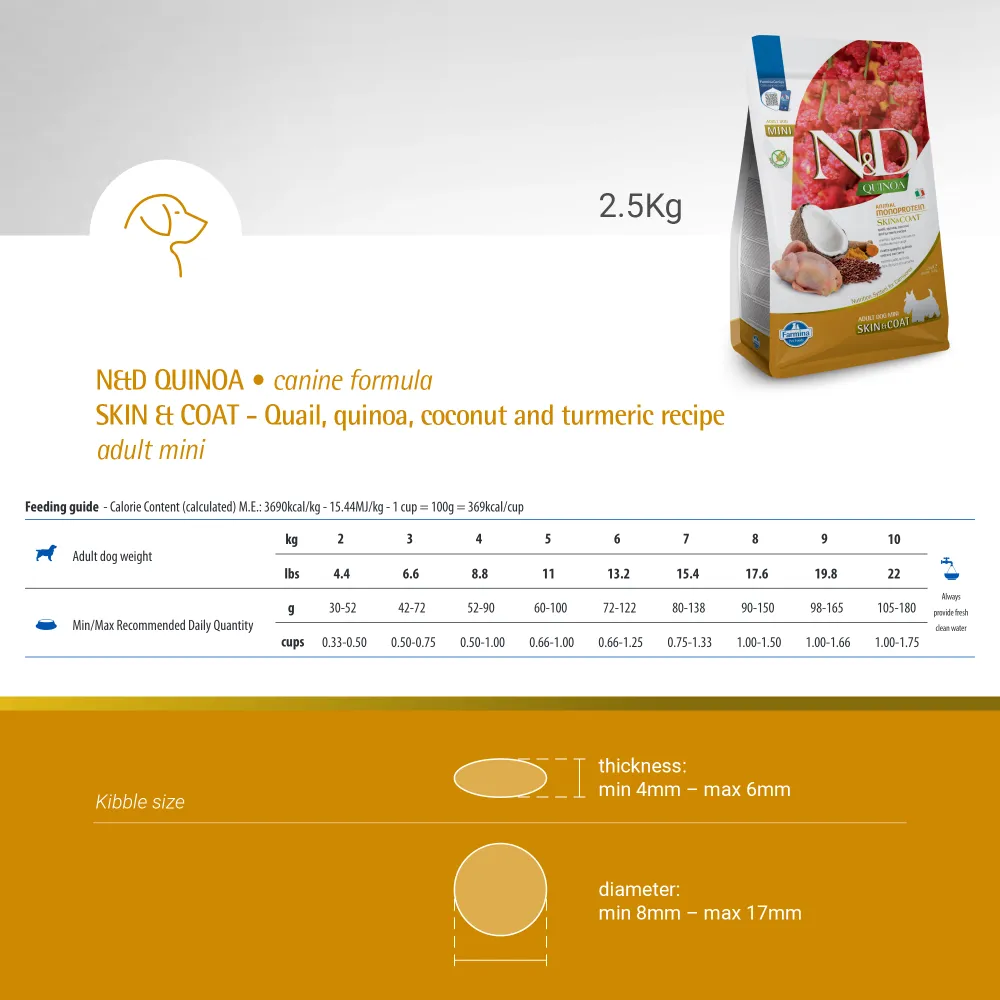 Farmina N&D Quinoa Quail Coconut & Turmeric Skin & Coat Adult Mini Dog Dry Food