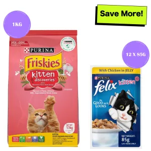 Friskies Kitten Cat Dry Food and Purina Felix Chicken with Jelly Kitten Cat Wet Food Combo