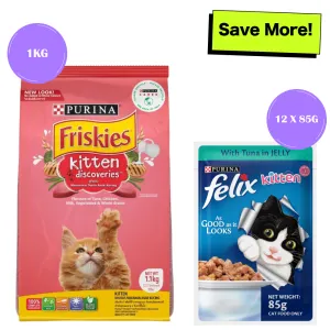 Friskies Kitten Cat Dry Food and Purina Felix Tuna with Jelly Kitten Wet Food Combo