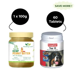 Healing Leaf Hemp Peanut Butter and Beaphar Top 10 Multi Vitamin Supplement for Dogs and Cats Combo