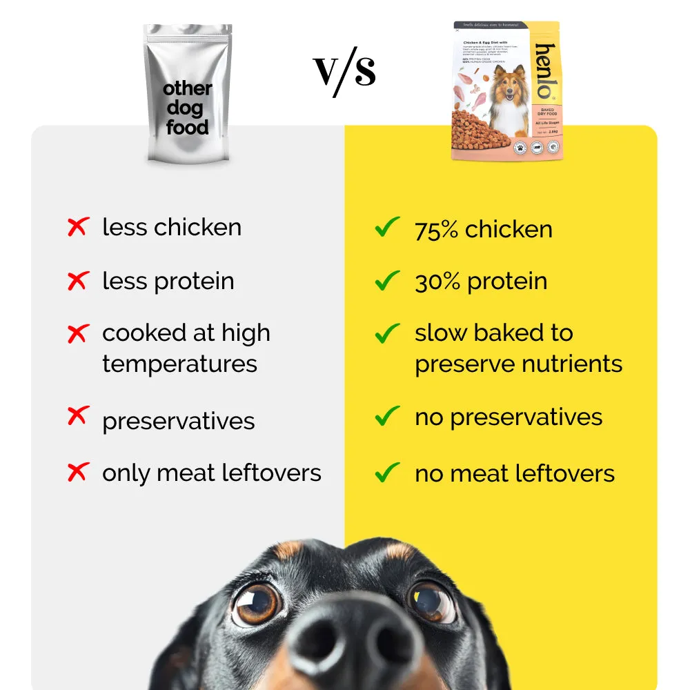 Henlo Chicken and Egg Baked Dry Food for Adult Dogs & Puppies and Chicken Pops Treats for Dogs Combo