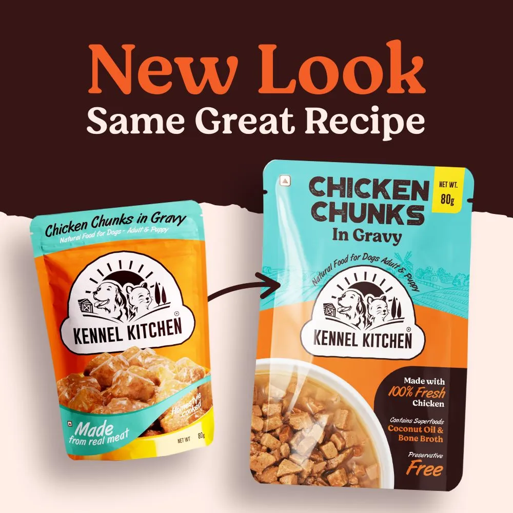 Kennel Kitchen Chicken Chunks in Gravy Wet Food and Henlo Chicken Pops Dog Treats Combo