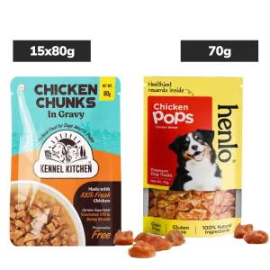Kennel Kitchen Chicken Chunks in Gravy Wet Food and Henlo Chicken Pops Dog Treats Combo