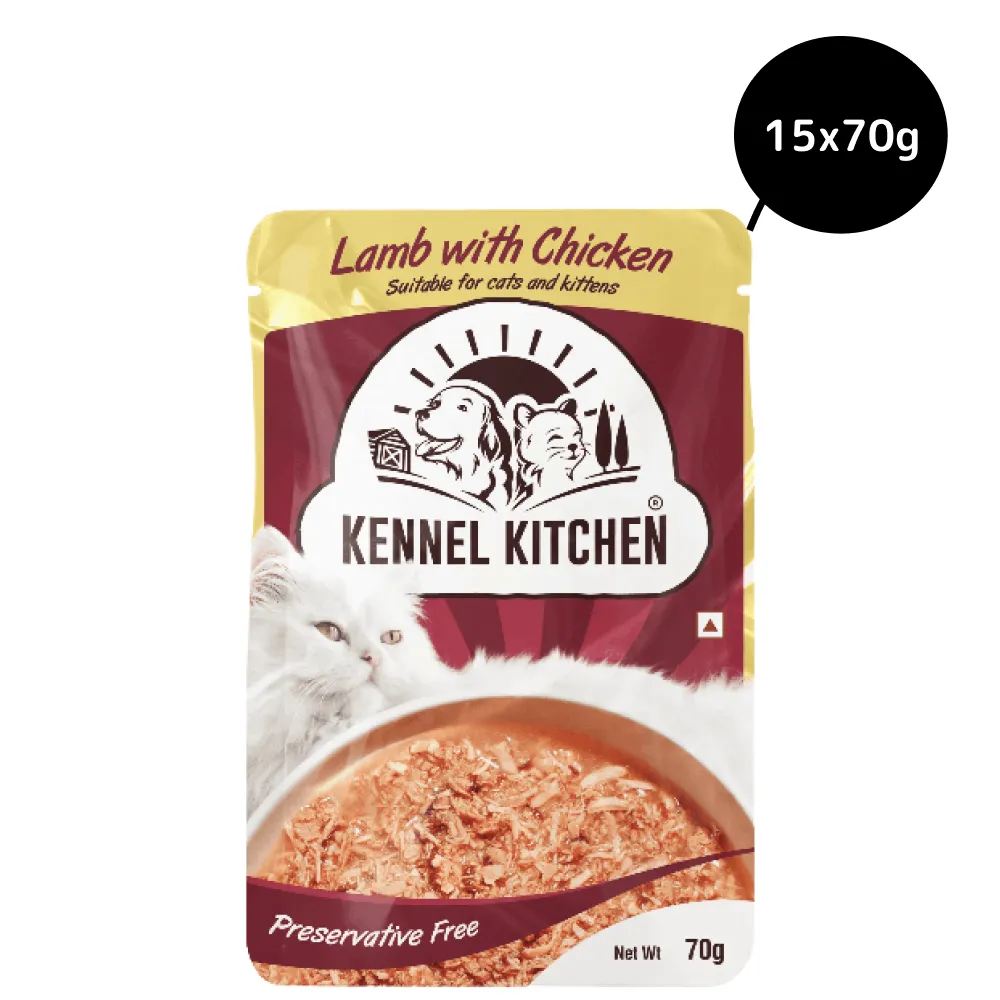 Kennel Kitchen Lamb with Chicken Shreds in Gravy Kitten and Adult Cat Wet Food (All Life Stage) with  Creameroo Chicken with Mackerel Creamy Cat Treats Combo