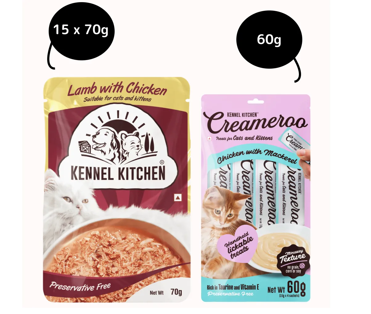 Kennel Kitchen Lamb with Chicken Shreds in Gravy Kitten and Adult Cat Wet Food (All Life Stage) with  Creameroo Chicken with Mackerel Creamy Cat Treats Combo