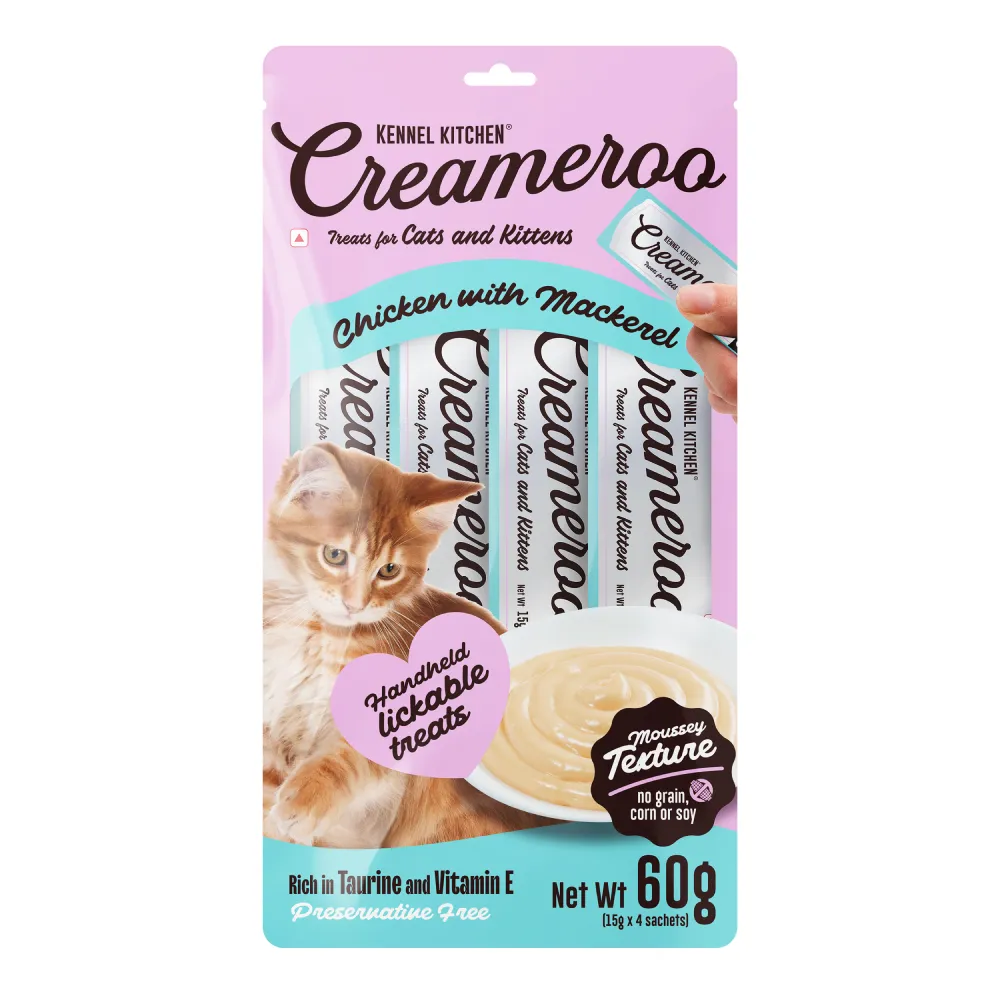 Kennel Kitchen Lamb with Chicken Shreds in Gravy Kitten and Adult Cat Wet Food (All Life Stage) with  Creameroo Chicken with Mackerel Creamy Cat Treats Combo