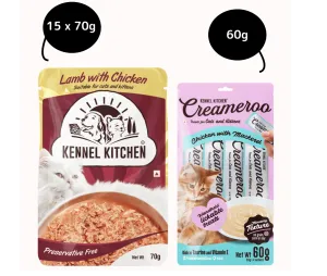 Kennel Kitchen Lamb with Chicken Shreds in Gravy Kitten and Adult Cat Wet Food (All Life Stage) with  Creameroo Chicken with Mackerel Creamy Cat Treats Combo