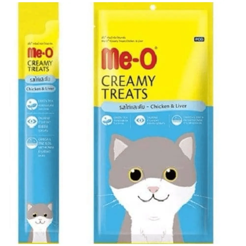 Me O Creamy Chicken & Liver and INABA Churu Chicken with Shrimp Creamy Cat Treats Combo (2 2)