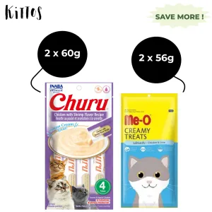 Me O Creamy Chicken & Liver and INABA Churu Chicken with Shrimp Creamy Cat Treats Combo (2 2)