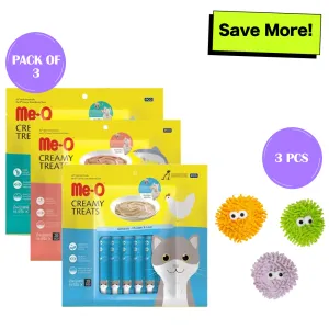 Me O Creamy Chicken & Liver, Salmon and Bonito Treats and Fofos Geek Ball Toy for Cats Combo