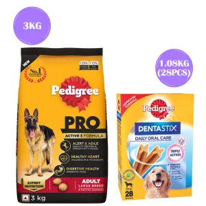 Pedigree PRO Expert Nutrition Active Adult (18 Months ) Large Breed Dry Food and Dentastix Oral Care for Adult (25 kg ) Combo for Dogs
