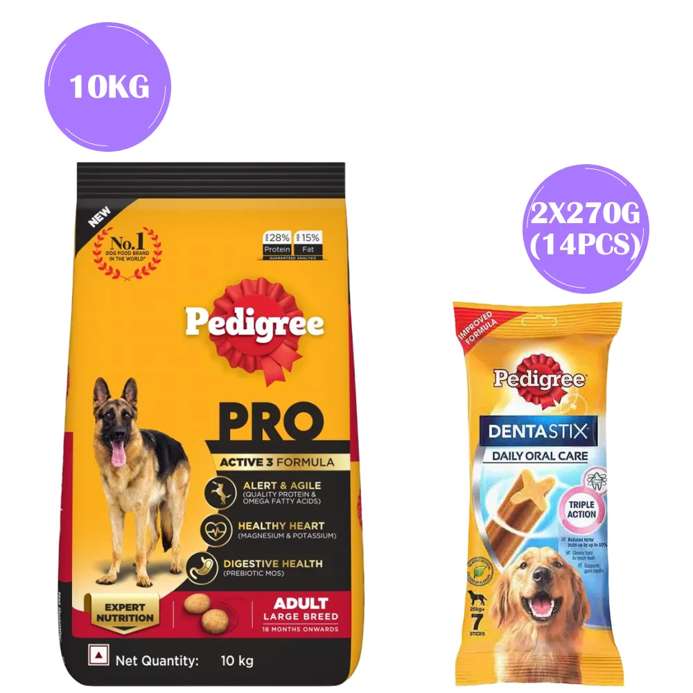 Pedigree PRO Expert Nutrition Active Adult (18 Months ) Large Breed Dry Food and Dentastix Oral Care for Adult (25 kg ) Combo for Dogs