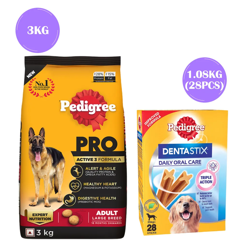 Pedigree PRO Expert Nutrition Active Adult (18 Months ) Large Breed Dry Food and Dentastix Oral Care for Adult (25 kg ) Combo for Dogs