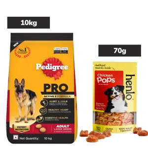 Pedigree PRO Expert Nutrition Active Adult (18 Months Onwards)  Dry Food and Henlo Chicken Pops Dog Treats