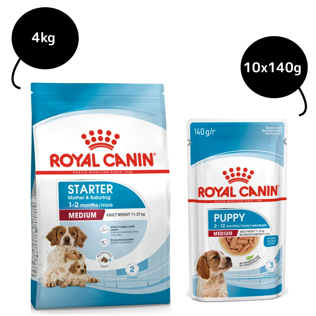 Royal Canin Medium Starter Dry Food for Medium Breed Dog and Puppies and Medium Puppy Dog Wet Food Combo
