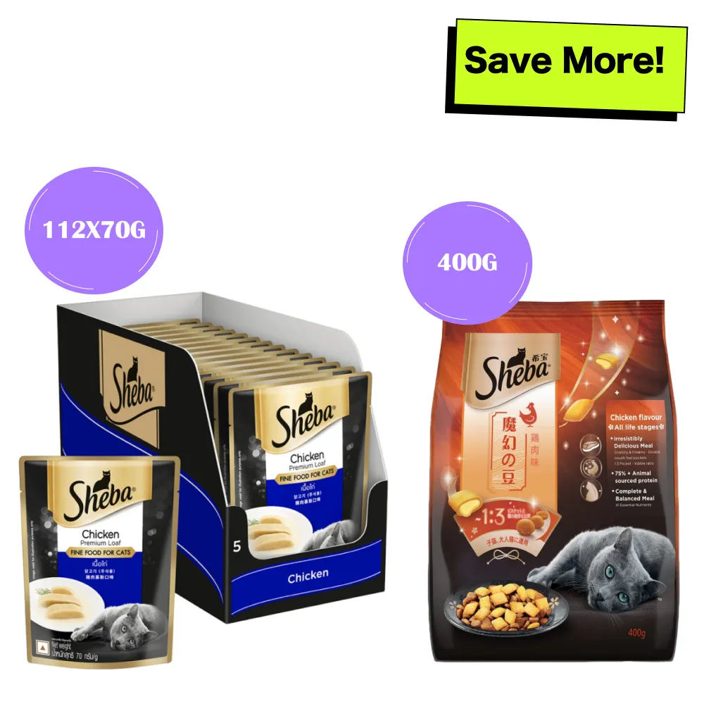 Sheba Chicken Loaf Rich Premium Adult Fine Wet Food and Chicken All Life Stage Cat Dry Food Combo