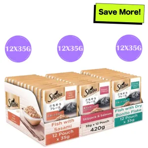Sheba Fish with Dry Bonito Flake, Skipjack & Salmon Fish and Fish with Sasami Cat Wet Food Combo