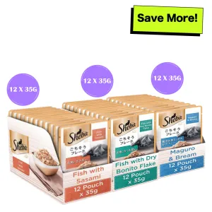 Sheba Fish with Sasami, Dry Bonito Flake and Maguro & Bream Fish Mix Premium Cat Wet Food Combo