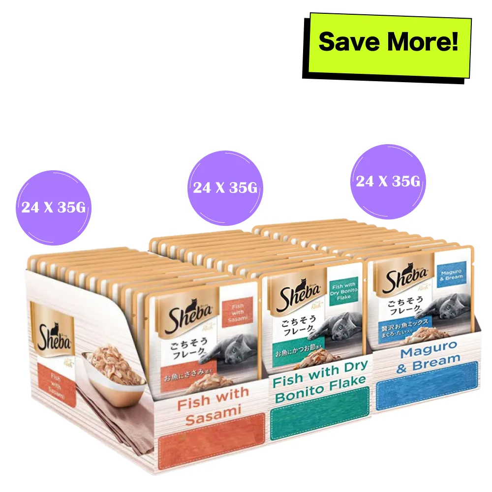 Sheba Fish with Sasami, Dry Bonito Flake and Maguro & Bream Fish Mix Premium Cat Wet Food Combo