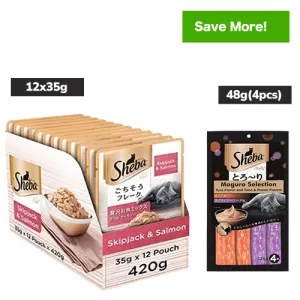 Sheba Tuna Flavor and Tuna & Prawn Maguro Selection Melty Premium Treat and Skipjack & Salmon Fish Mix Cat Wet Food Combo