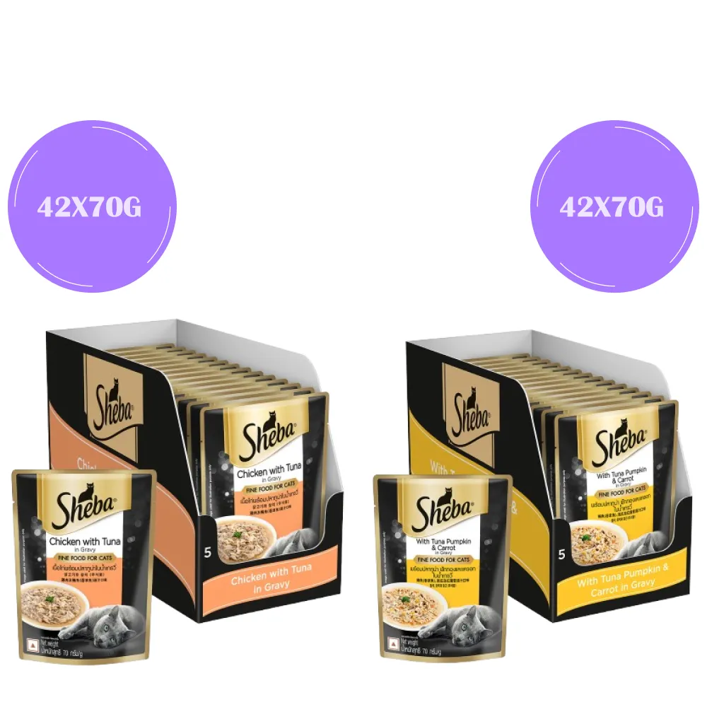 Sheba Tuna Pumpkin & Carrot In Gravy and Chicken With Tuna In Gravy Rich Premium Adult  Fine Cat Wet Food Combo
