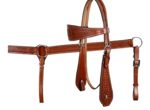 Showman double stitched leather wide browband headstall and breast collar set with floral and basketweave tooling