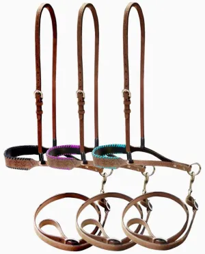 Showman  Leather noseband and tiedown with colorful rawhide lacing on nose.
