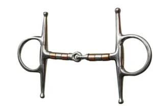 Showman stainless steel full cheek snaffle. 5" mouth with copper and stainless steel rollers and 5 7/8" cheek with 2 1/2" ring