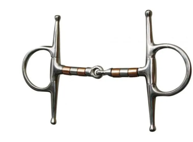 Showman stainless steel full cheek snaffle. 5" mouth with copper and stainless steel rollers and 5 7/8" cheek with 2 1/2" ring