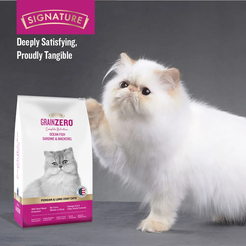 Signature Grain Zero Ocean Fish, Sardine and Mackerel Long Coat & Persian Adult Cat Dry Food and Grain Zero Crab Lickable Creamy Cat Treats Combo
