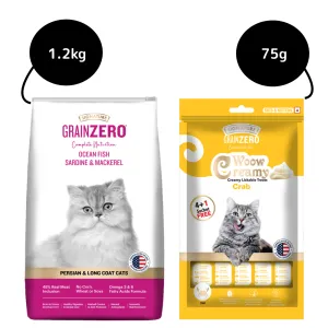 Signature Grain Zero Ocean Fish, Sardine and Mackerel Long Coat & Persian Adult Cat Dry Food and Grain Zero Crab Lickable Creamy Cat Treats Combo