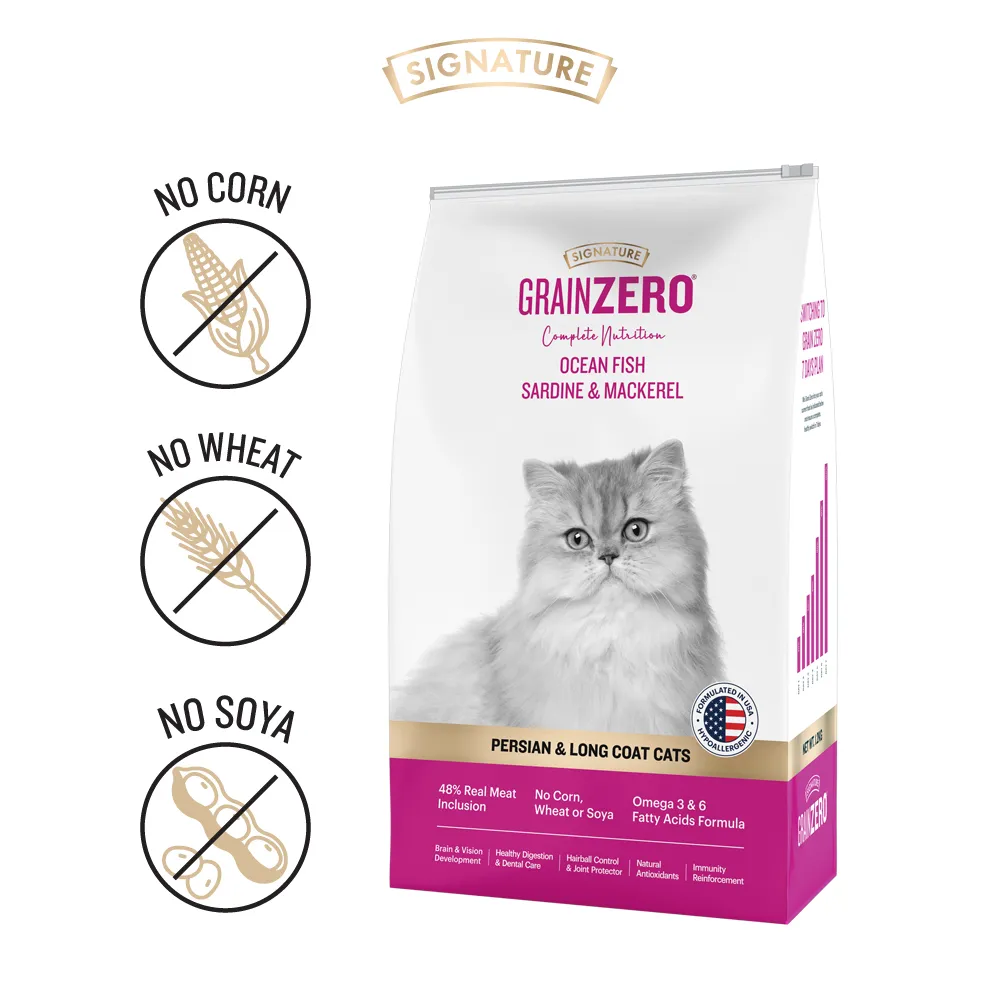 Signature Grain Zero Ocean Fish, Sardine and Mackerel Long Coat & Persian Adult Cat Dry Food and Grain Zero Crab Lickable Creamy Cat Treats Combo