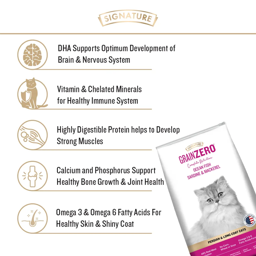 Signature Grain Zero Ocean Fish, Sardine and Mackerel Long Coat & Persian Cat Dry Food and  Grain Zero Tuna and Ocean Fish Lickable Creamy Cat Treats