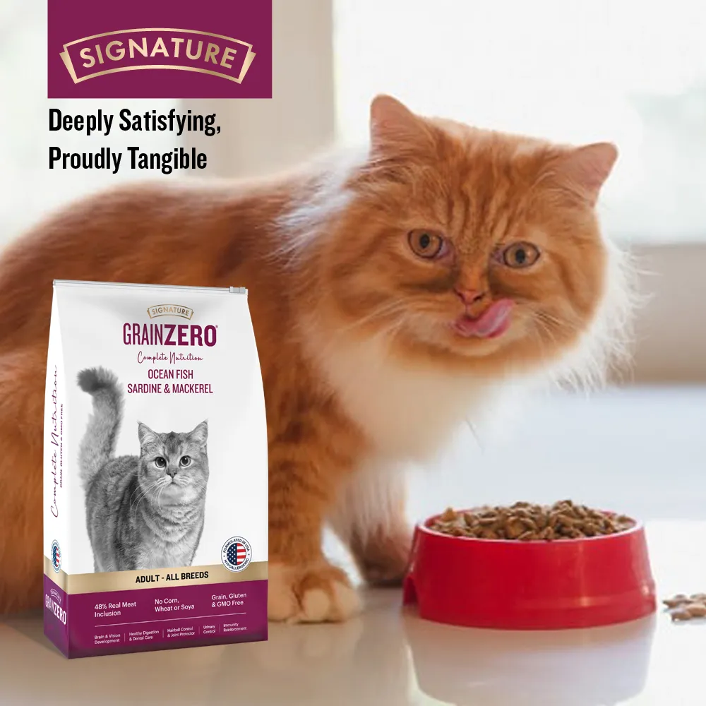 Signature Grain Zero Ocean Fish, Sardine and Mackerel Long Coat & Persian Cat Dry Food and  Grain Zero Tuna and Ocean Fish Lickable Creamy Cat Treats