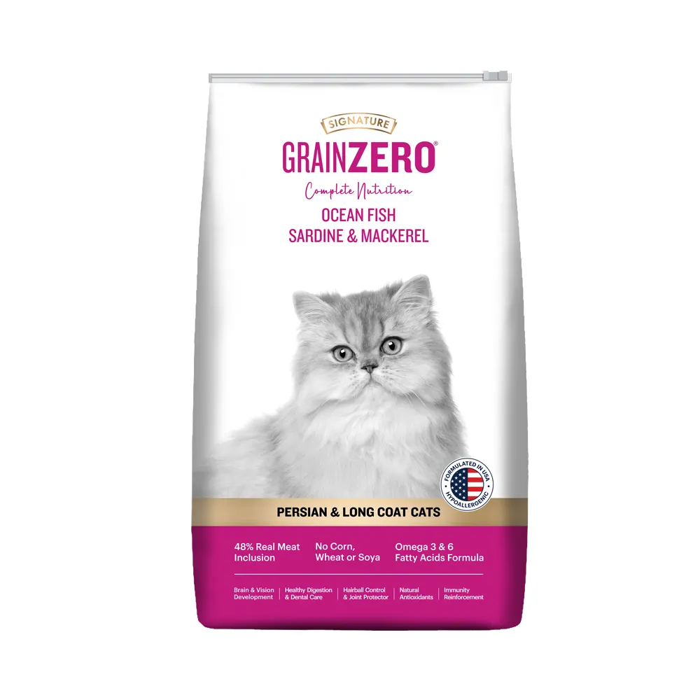Signature Grain Zero Ocean Fish, Sardine and Mackerel Long Coat & Persian Cat Dry Food and  Grain Zero Tuna and Ocean Fish Lickable Creamy Cat Treats