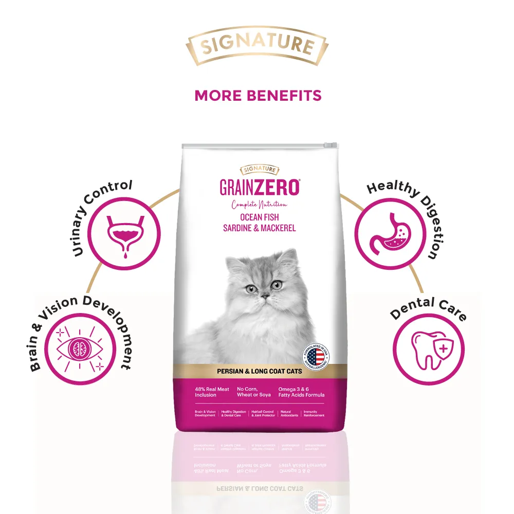 Signature Grain Zero Ocean Fish, Sardine and Mackerel Long Coat & Persian Cat Dry Food and  Grain Zero Tuna and Ocean Fish Lickable Creamy Cat Treats