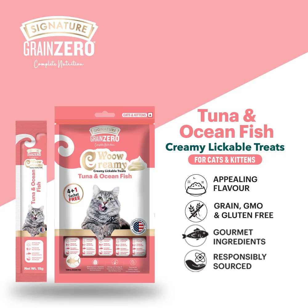 Signature Grain Zero Ocean Fish, Sardine and Mackerel Long Coat & Persian Cat Dry Food and  Grain Zero Tuna and Ocean Fish Lickable Creamy Cat Treats