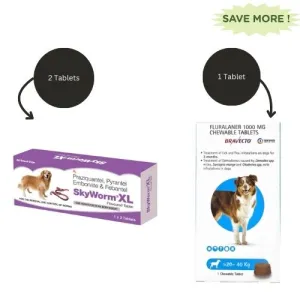 Skyec Skyworm XL Dog Deworming Tablet (2 tablets) and MSD Animal Health Bravecto Dog Tick & Flea Control Tablet (20-40kg) (1 tablet) Combo