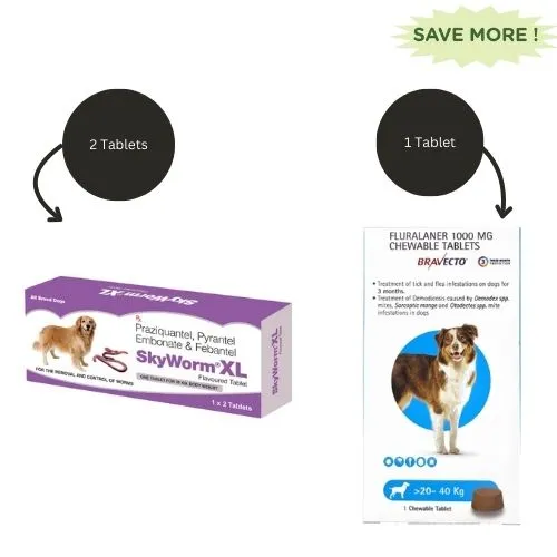 Skyec Skyworm XL Dog Deworming Tablet (2 tablets) and MSD Animal Health Bravecto Dog Tick & Flea Control Tablet (20-40kg) (1 tablet) Combo