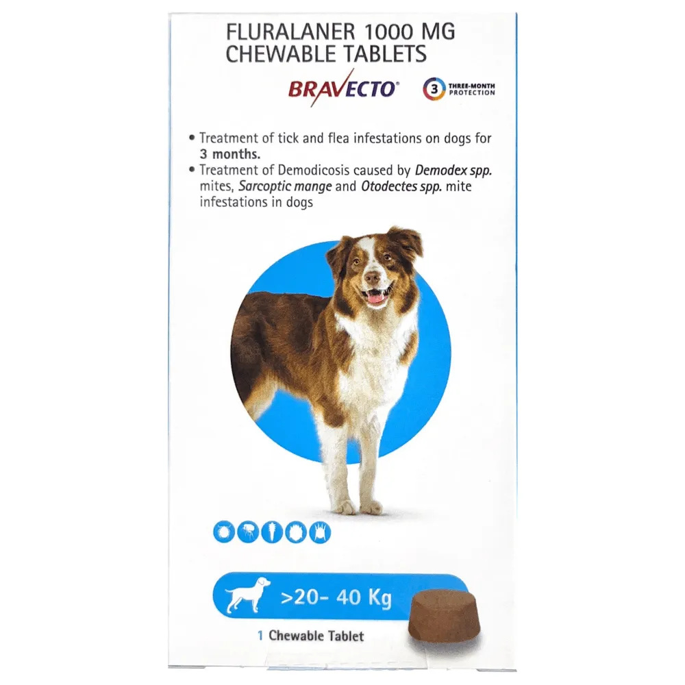 Skyec Skyworm XL Dog Deworming Tablet (2 tablets) and MSD Animal Health Bravecto Dog Tick & Flea Control Tablet (20-40kg) (1 tablet) Combo