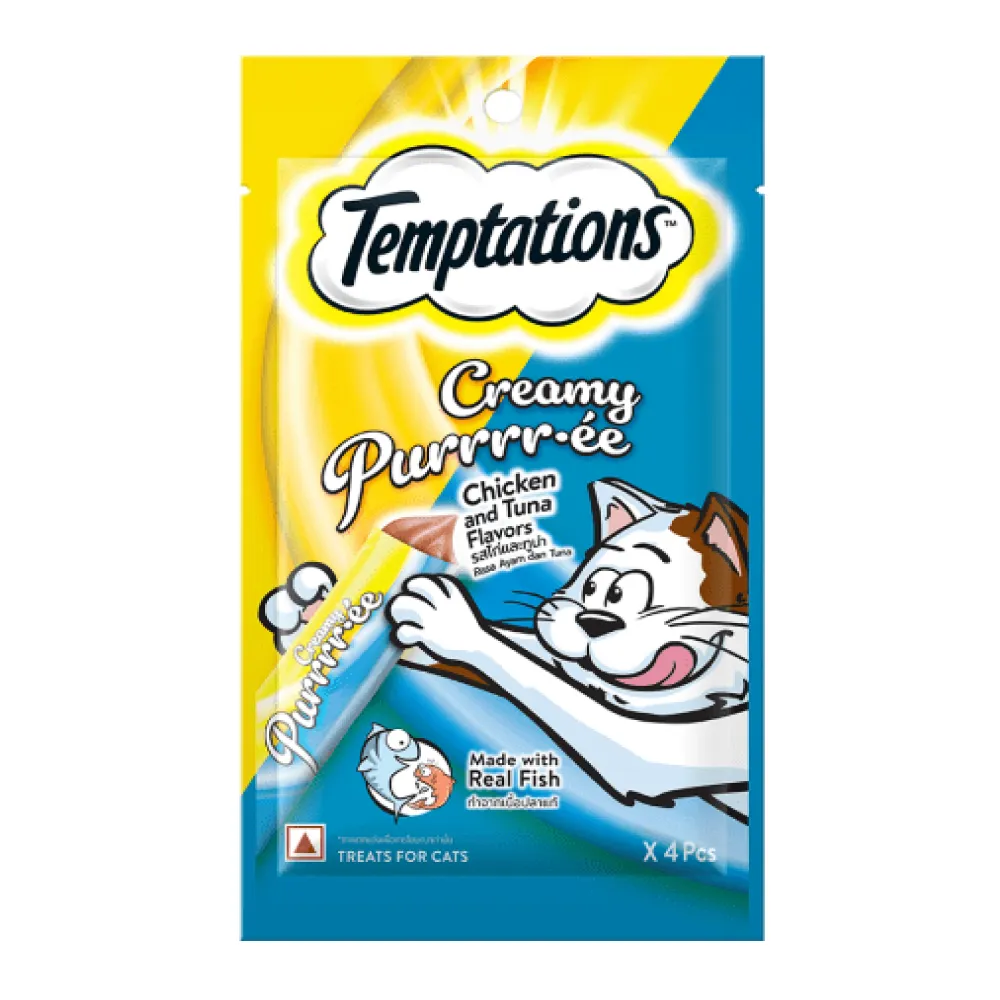 Temptations Creamy Purrrr ee Chicken & Tuna Treats and Fofos Flapping Owl Chirping Interactive Toy for Cats Combo